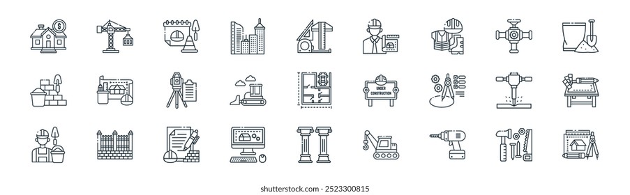 arquitetura linear ícone pack. vetor linha fina caixa de ferramentas, guindaste de construção, cronograma, válvula, bulldozer, prancheta de desenho, pilares, ícones de desenho adequados para aplicativos e sites projetos de iu