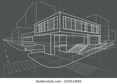 Linear arcitectural sketch office building perspective on gray background