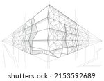 Linear arcitectural sketch public building perspective on white background