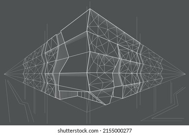 Linear arcitectural sketch public building perspective on gray background
