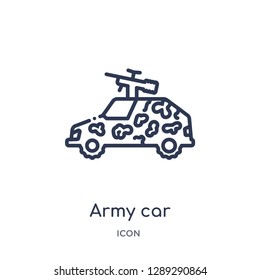 Linear army car icon from Army and war outline collection. Thin line army car vector isolated on white background. army car trendy illustration