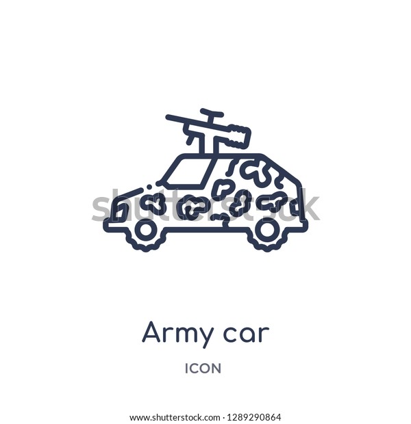 Linear army car icon from Army and war\
outline collection. Thin line army car vector isolated on white\
background. army car trendy\
illustration