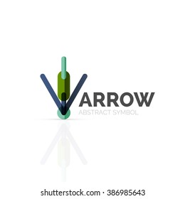 Logotipo abstrato de seta linear, segmentos multicoloridos conectados de linhas na figura de ponteiro direcional