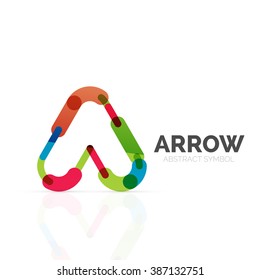 Linear arrow abstract logo, connected multicolored segments of lines in directional pointer figure