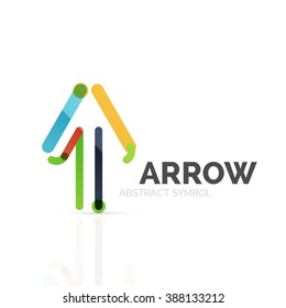 Linear arrow abstract logo, connected multicolored segments of lines in directional pointer figure. Vector wire business icon isolated on white