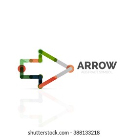 Linear arrow abstract logo, connected multicolored segments of lines in directional pointer figure. Vector wire business icon isolated on white