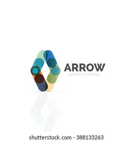 Linear arrow abstract logo, connected multicolored segments of lines in directional pointer figure. Vector wire business icon isolated on white