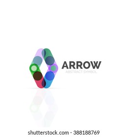 Linear arrow abstract logo, connected multicolored segments of lines in directional pointer figure. Vector wire business icon isolated on white