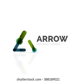 Logo abstracto de flecha lineal, segmentos multicolores conectados de líneas en figura de puntero direccional. Icono de negocio de alambre de vectores aislado en blanco