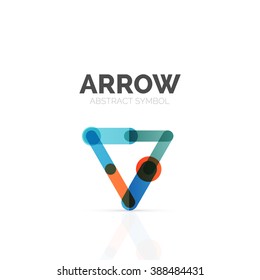 Linear arrow abstract logo, connected multicolored segments of lines in directional pointer figure. Vector wire business icon isolated on white