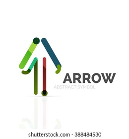 Linear arrow abstract logo, connected multicolored segments of lines in directional pointer figure. Vector wire business icon isolated on white