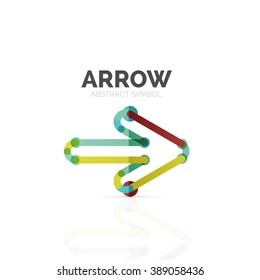 Linear arrow abstract logo, connected multicolored segments of lines in directional pointer figure. Vector wire business icon isolated on white