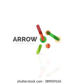 Linear arrow abstract logo, connected multicolored segments of lines in directional pointer figure. Vector wire business icon isolated on white