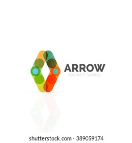 Linear arrow abstract logo, connected multicolored segments of lines in directional pointer figure. Vector wire business icon isolated on white