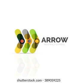 Linear arrow abstract logo, connected multicolored segments of lines in directional pointer figure. Vector wire business icon isolated on white