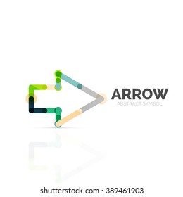 Linear arrow abstract logo, connected multicolored segments of lines in directional pointer figure. Vector wire business icon isolated on white