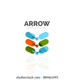 Linear arrow abstract logo, connected multicolored segments of lines in directional pointer figure. Vector wire business icon isolated on white
