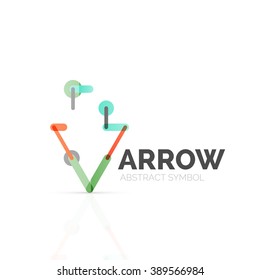 Linear arrow abstract logo, connected multicolored segments of lines in directional pointer figure. Vector wire business icon isolated on white
