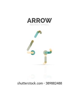 Linear arrow abstract logo, connected multicolored segments of lines in directional pointer figure. Vector wire business icon isolated on white Linear arrow abstract logo, connected multicolored segments of lines in directional pointer figure. Vector wire business icon isolated on white
