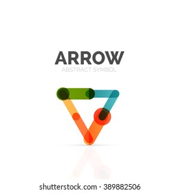 Linear arrow abstract logo, connected multicolored segments of lines in directional pointer figure. Vector wire business icon isolated on white