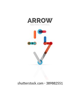 Linear arrow abstract logo, connected multicolored segments of lines in directional pointer figure. Vector wire business icon isolated on white