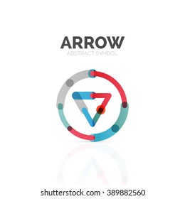 Linear arrow abstract logo, connected multicolored segments of lines in directional pointer figure. Vector wire business icon isolated on white
