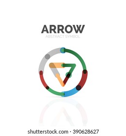 Linear arrow abstract logo, connected multicolored segments of lines in directional pointer figure. Vector wire business icon isolated on white