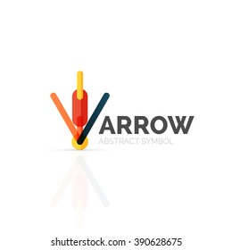 Linear arrow abstract logo, connected multicolored segments of lines in directional pointer figure. Vector wire business icon isolated on white