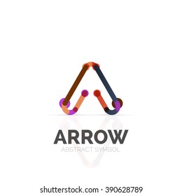 Linear arrow abstract logo, connected multicolored segments of lines in directional pointer figure. Vector wire business icon isolated on white