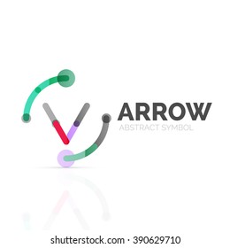 Linear arrow abstract logo, connected multicolored segments of lines in directional pointer figure. Vector wire business icon isolated on white