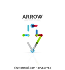Linear arrow abstract logo, connected multicolored segments of lines in directional pointer figure. Vector wire business icon isolated on white