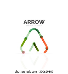 Logo abstracto de flecha lineal, segmentos multicolores conectados de líneas en figura de puntero direccional. Icono de negocio de alambre de vectores aislado en blanco