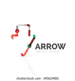 Linear arrow abstract logo, connected multicolored segments of lines in directional pointer figure. Vector wire business icon isolated on white