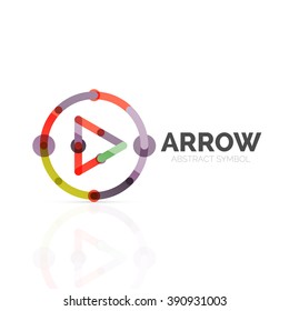 Linear arrow abstract logo, connected multicolored segments of lines in directional pointer figure. Vector wire business icon isolated on white