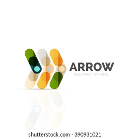 Linear arrow abstract logo, connected multicolored segments of lines in directional pointer figure. Vector wire business icon isolated on white