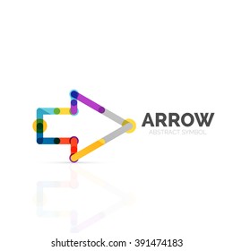 Linear arrow abstract logo, connected multicolored segments of lines in directional pointer figure. Vector wire business icon isolated on white