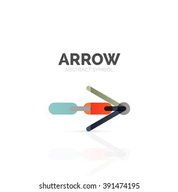 Linear arrow abstract logo, connected multicolored segments of lines in directional pointer figure. Vector wire business icon isolated on white