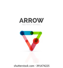 Linear arrow abstract logo, connected multicolored segments of lines in directional pointer figure. Vector wire business icon isolated on white