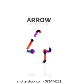 Linear arrow abstract logo, connected multicolored segments of lines in directional pointer figure. Vector wire business icon isolated on white