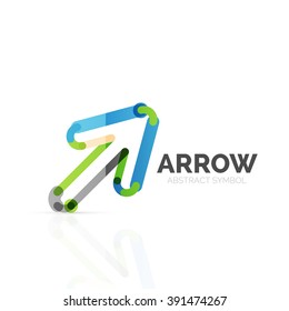 Linear arrow abstract logo, connected multicolored segments of lines in directional pointer figure. Vector wire business icon isolated on white