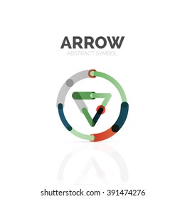 Linear arrow abstract logo, connected multicolored segments of lines in directional pointer figure. Vector wire business icon isolated on white