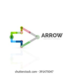 Linear arrow abstract logo, connected multicolored segments of lines in directional pointer figure. Vector wire business icon isolated on white
