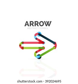 Linear arrow abstract logo, connected multicolored segments of lines in directional pointer figure. Vector wire business icon isolated on white