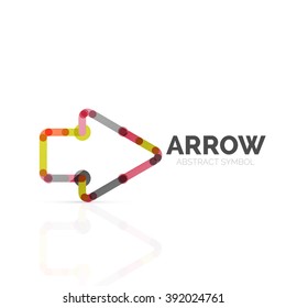 Linear arrow abstract logo, connected multicolored segments of lines in directional pointer figure. Vector wire business icon isolated on white