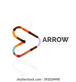 Linear arrow abstract logo, connected multicolored segments of lines in directional pointer figure. Vector wire business icon isolated on white