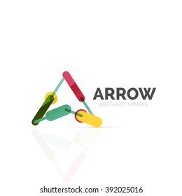 Linear arrow abstract logo, connected multicolored segments of lines in directional pointer figure. Vector wire business icon isolated on white