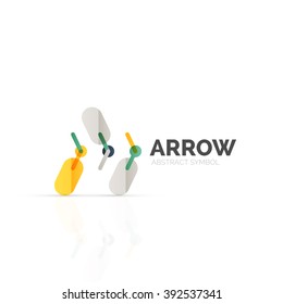 Linear arrow abstract logo, connected multicolored segments of lines in directional pointer figure. Vector wire business icon isolated on white