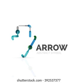 Linear arrow abstract logo, connected multicolored segments of lines in directional pointer figure. Vector wire business icon isolated on white