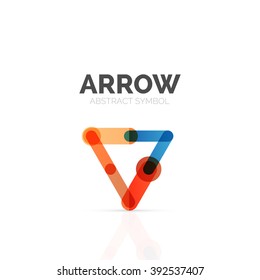 Linear arrow abstract logo, connected multicolored segments of lines in directional pointer figure. Vector wire business icon isolated on white