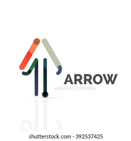 Linear arrow abstract logo, connected multicolored segments of lines in directional pointer figure. Vector wire business icon isolated on white
